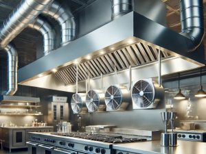 Stainless commercial kitchen exhaust canopy installed by King Fabrication