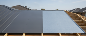 Dark grey Colorbond vs Zincalume roofing panels installed side by side on timber framing during a King Fabrication roof build