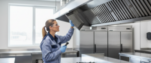 King Fabrication technician inspecting commercial kitchen exhaust compliance Sydney standards in a busy restaurant