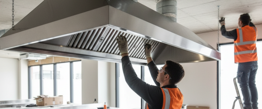 Commercial kitchen exhaust installation cost sydney — Exhaust canopy and ductwork fitted above cooking stations, typical of commercial kitchen exhaust installation cost in Sydney