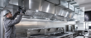 Stainless steel commercial kitchen exhaust canopy and ductwork installed above a cooking line in Campbelltown