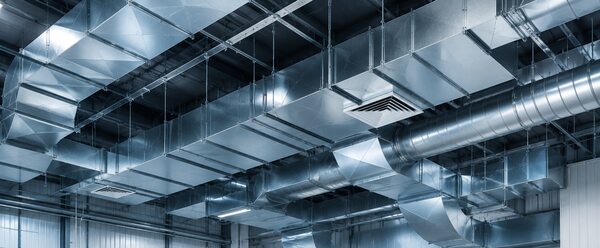 Galvanised rectangular and spiral sheet metal ductwork installed in a Sydney commercial building